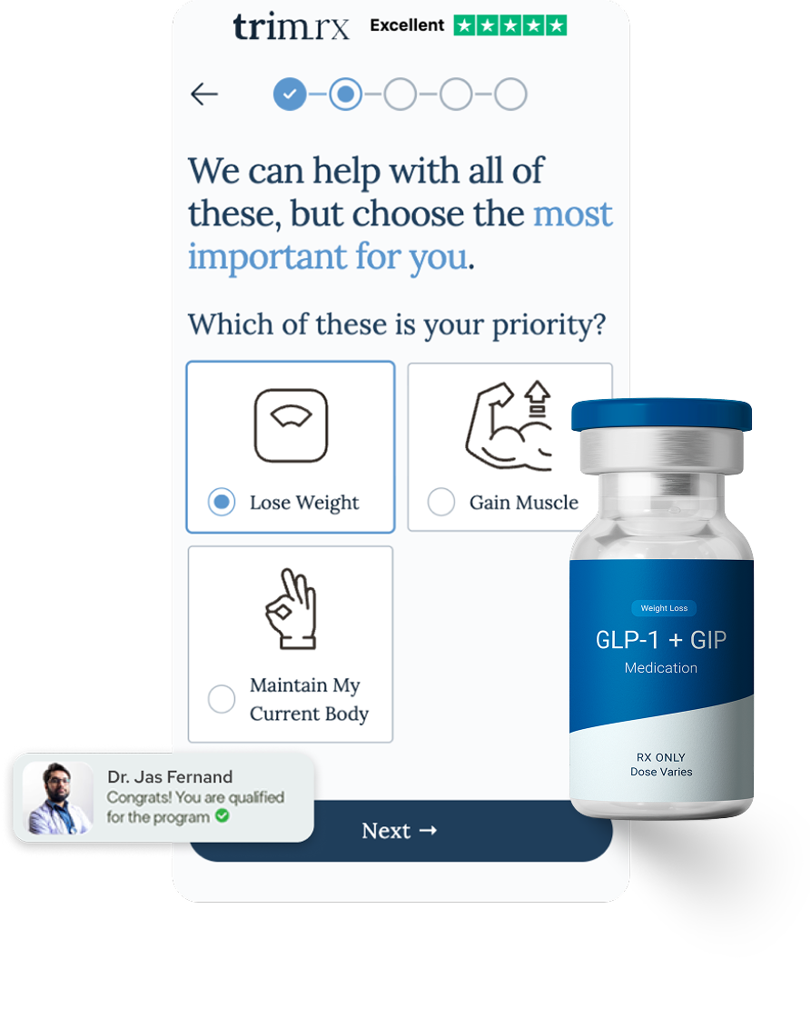 TrimRx app mockup and medication